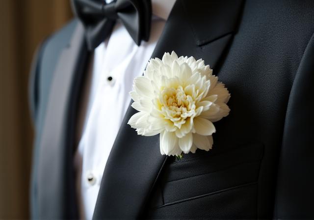 Primo piano di una giacca da cerimonia scura con fiore all'occhiello