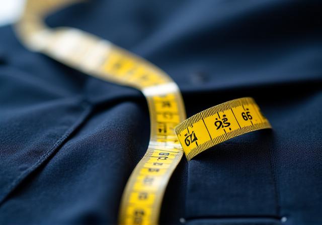 Dettaglio di un abito sartorial blu navy con metro da sarto