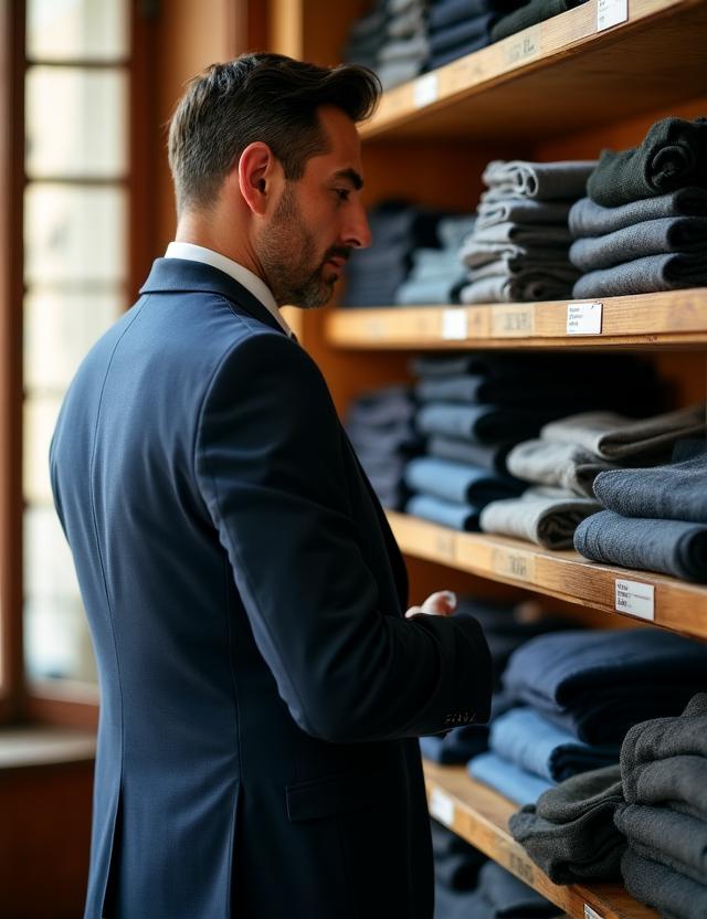 Il fondatore di Marelli Sartoria mentre seleziona tessuti pregiati