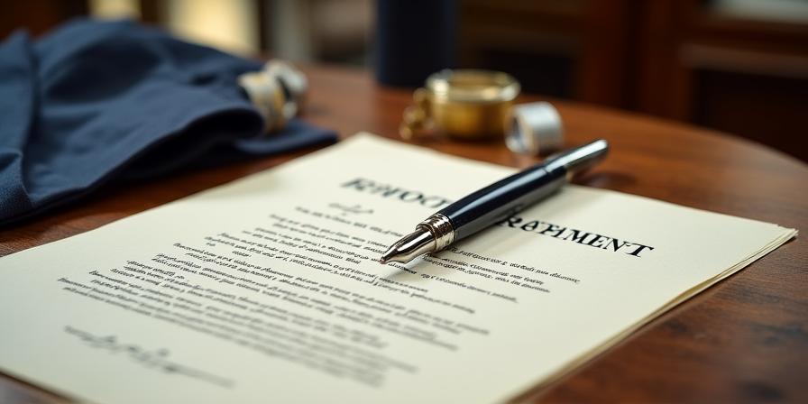 Un elegante calamaio e carta pregiata su un tavolo di mogano di una sartoria