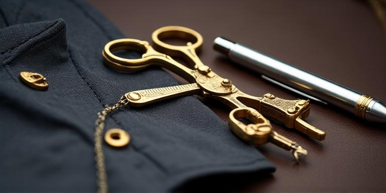 Strumenti sartoriali di lusso su scrivania in pelle