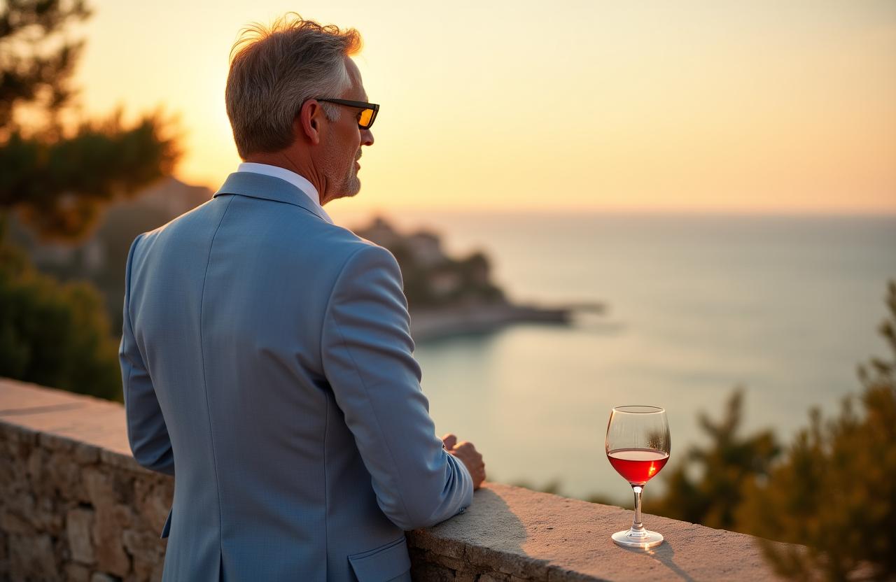 Uomo in abito di lino sulla costa italiana
